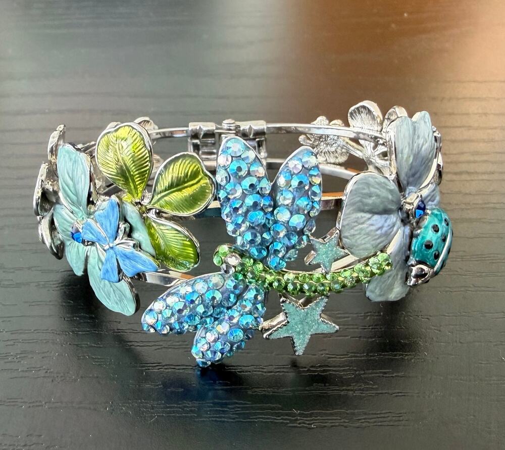 Vintage Kirk's Folly "Magic Garden" Dragonfly Gnome Hinged Bracelet Rhinestones